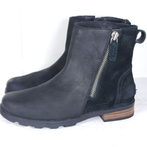 Sorel Women’s Emilie II US 7 Black Suede Leather Side Zip Ankle Boots Booties - Picture 2 of 14
